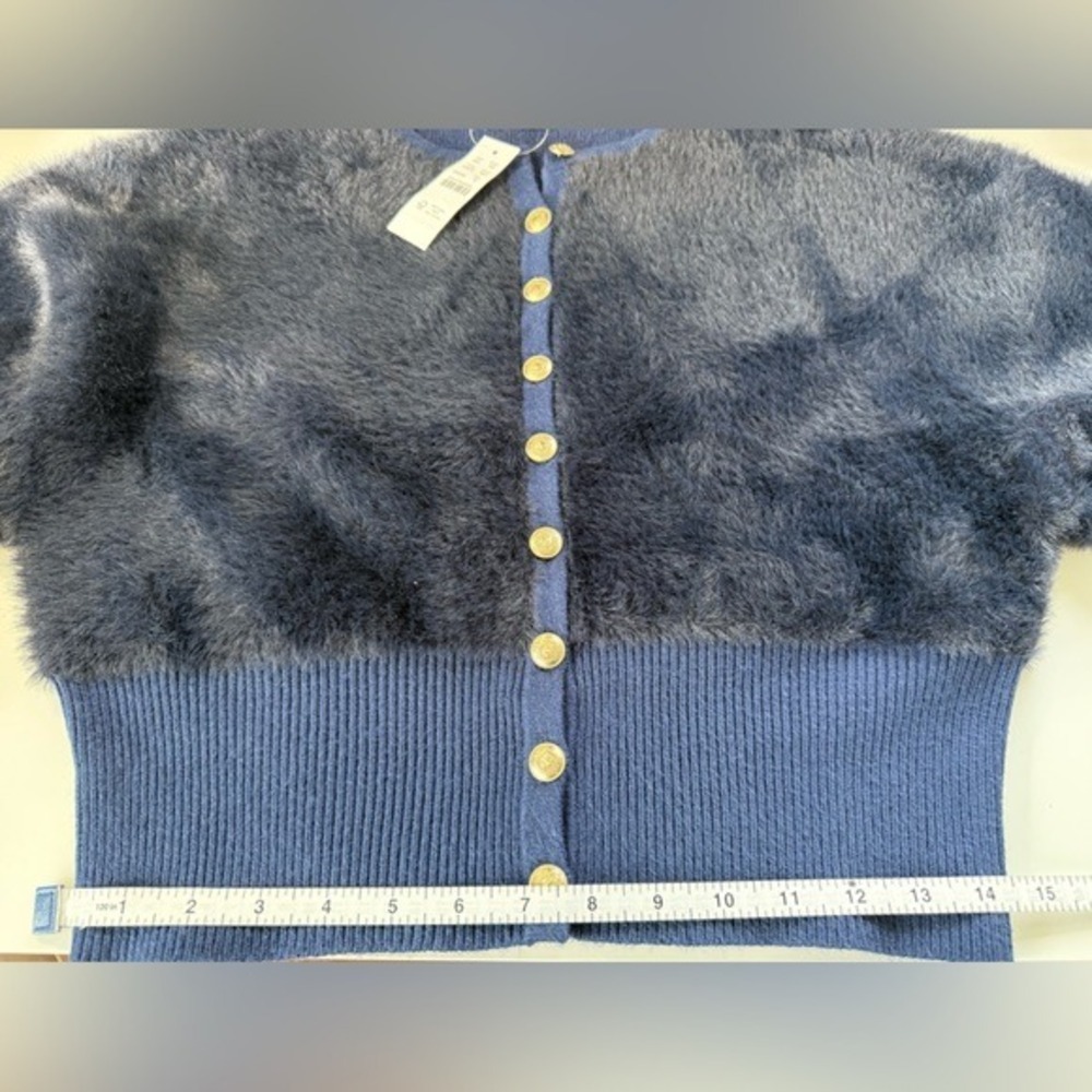 J.Crew Navy Blue Fuzzy Cropped Cardigan Lady Jacket Gold Crest Buttons NWT - Picture 6 of 11
